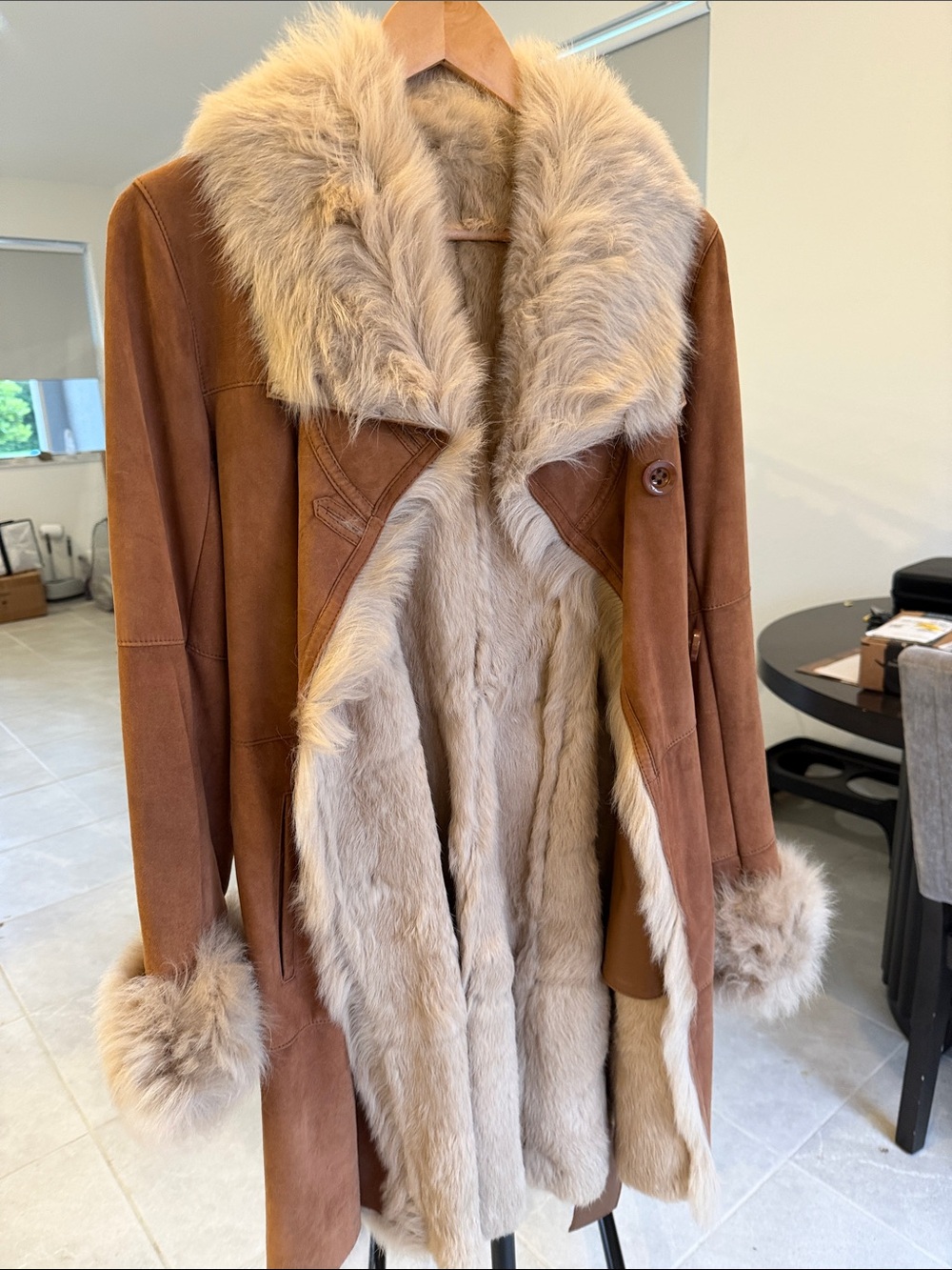 Women's Tan Suede Trench Coat with Cream Faux Fur Trim